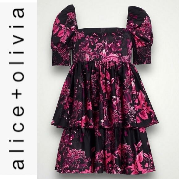 ALICE + OLIVIA EMMALOU FLORAL PRINT COTTON FAILLE MINI DRESS PINK BLACK MEDIUM 6 - Picture 7 of 14